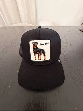 Goorin Bros Black Trucker Hat with Rottweiler 'Bad Boy' Patch